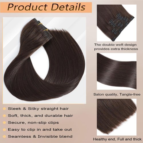 Dark Brown Clip in Hair Extensions Real Human Hair 18Inch 120g/7Pcs Brazilian Virgin Remy Human Hair Clip in Extensions for Women Seamless Invisible Straight Human Hair Extensions Clip ins Double Weft
