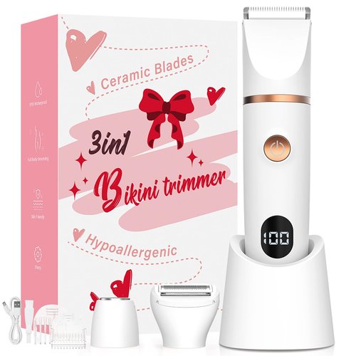 Crolanli Bikini Trimmer for Women, 3-in-1 Electric Razors for Women, IPX7 Waterproof Rechargeable Cordless Pubic Hair Shaver, with LED Display, for Ladies Bikini Pubic, Face, Underarms, Legs(White)