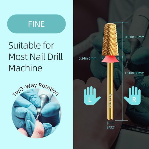 HYTOOS Fine Safety Tapered Nail Drill Bits,Titanium Coating Rounded Top Barrel Carbide Nail Bits, 3/32 Two-way Rotate, Manicure Nails Art Accessories Soft Gel Remover (F, titanium)