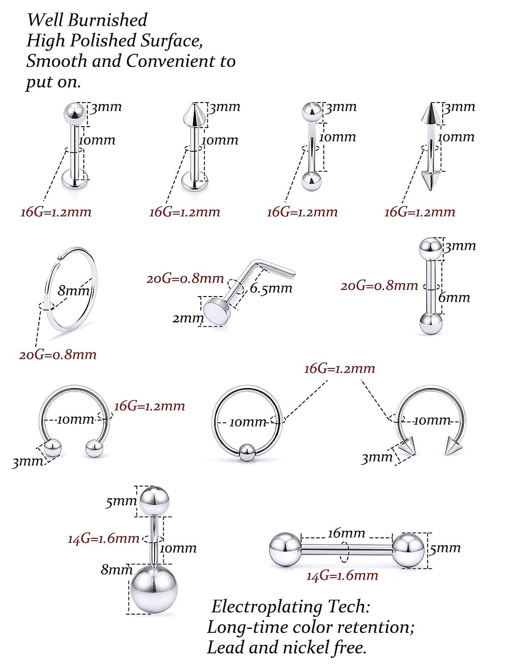 Vsnnsns 316L Surgical Steel Body Jewelry Piercing Kit with 12G-20G Needles for Nose, Septum, Lip, Tongue, Belly, Eyebrow, Rings, Ear Piercing - Silver