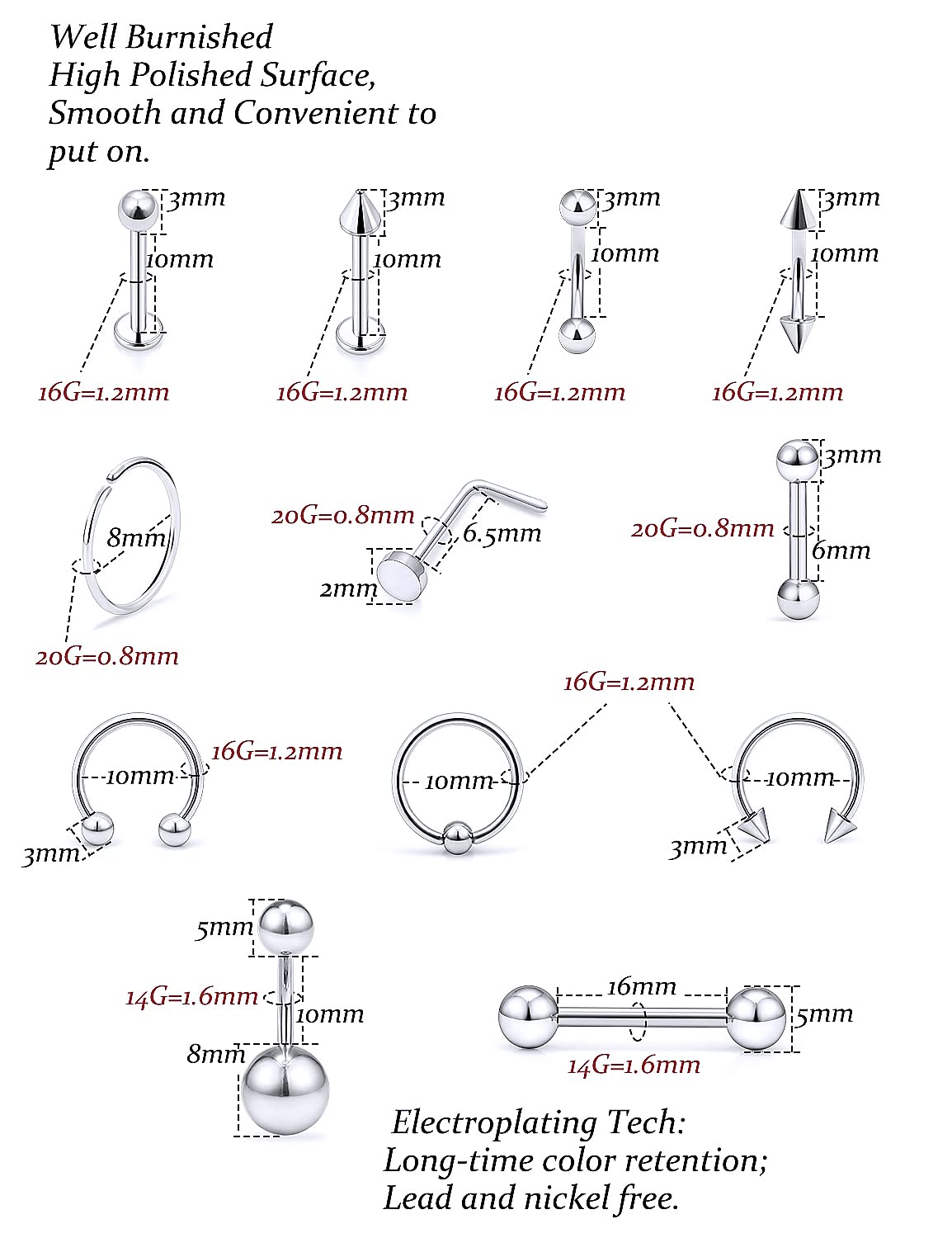 Vsnnsns 316L Surgical Steel Body Jewelry Piercing Kit with 12G-20G Needles for Nose, Septum, Lip, Tongue, Belly, Eyebrow, Rings, Ear Piercing - Silver