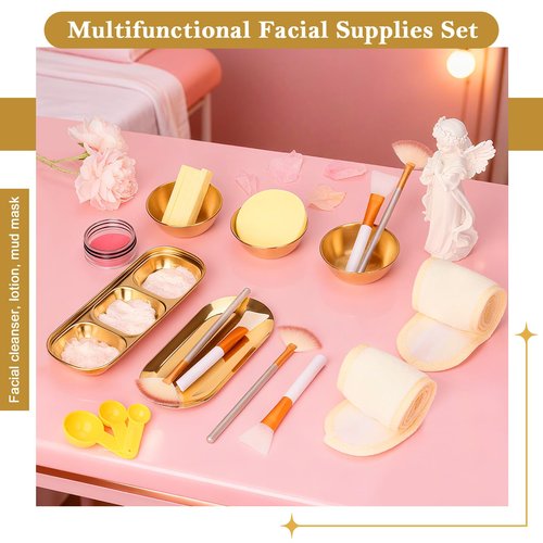 28 Gold Facial Supplies 3 Facial Mask Mixing Bowls 3 Facial Fan Brushes 3 Mask Applicator Brushes 3 Mask Measuring Spoons Skincare Tray 3-Compartment Serving Tray 12 Facial Sponges 2 Spa Headbands