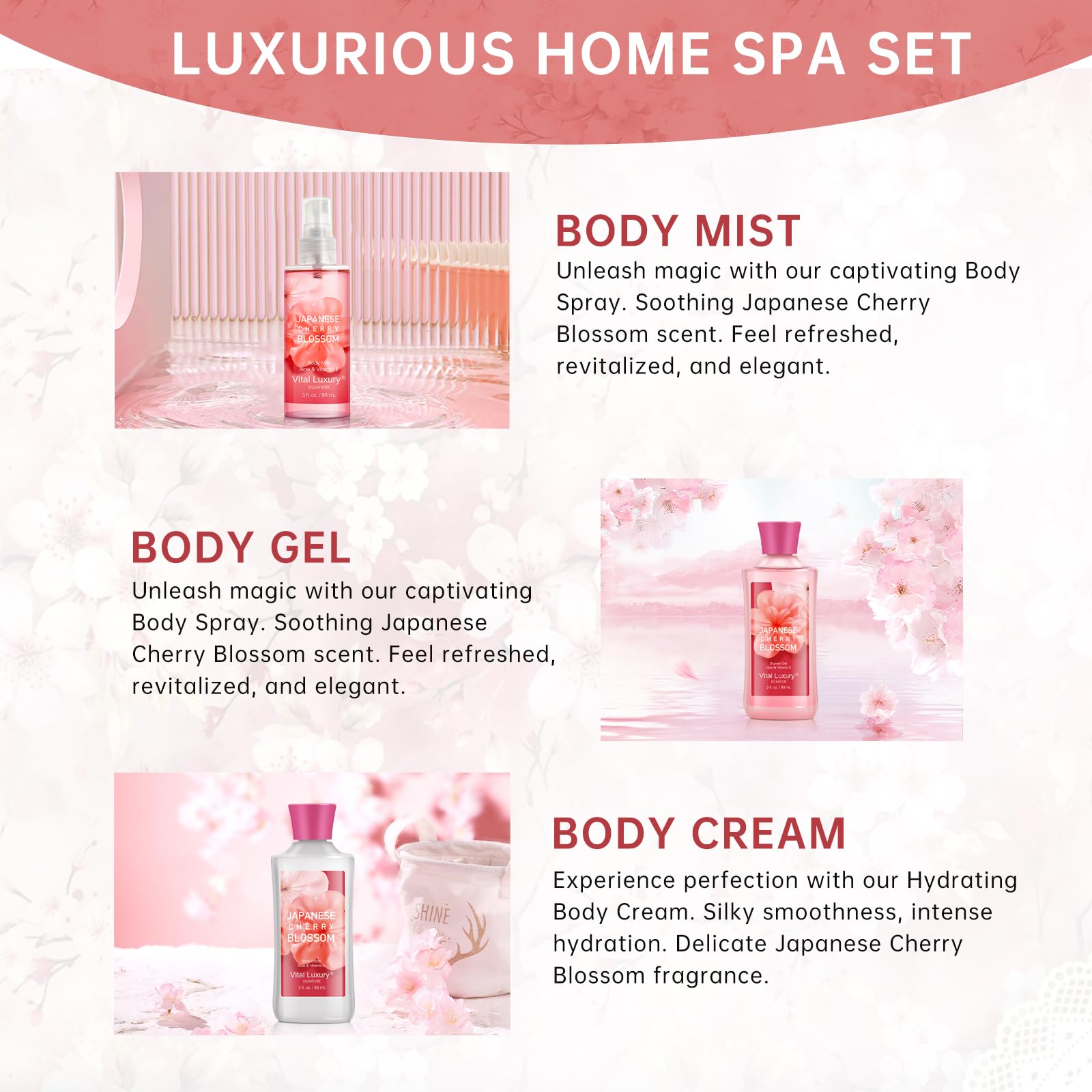 Vital Luxury Bath and Body Gift Set for Women and Girls, Japanese Cherry Blossom Spa Set With Natural Extracts-Shower Gel, Body Lotion, Body Mist, Body Care Travel Set for Birthday Mother's Day Gifts