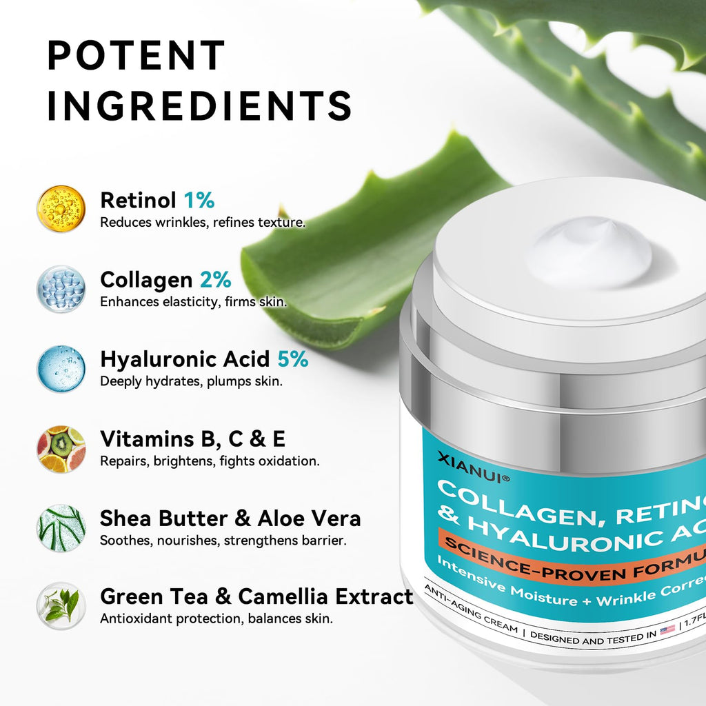 XIANUI Retinol Face Cream with Collagen & Hyaluronic Acid - Anti Aging & Firming Face Moisturizer for Women & Men - Wrinkle Reduction Night & Day Cream, 1.7 Fl Oz