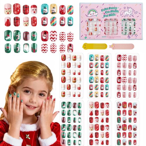 144Pcs Christmas Kids Press on Nails Children Girls Press on Short Artificial Fake Nails No fading Stable Cute Pre Glue Full Cover Acrylic Nail Tip Kit Gift for Kids Nail Decoration (Christmas)