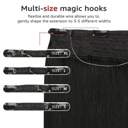 SAFIRENY Wire Hair Extensions Fish Line Hair Extensions Jet Black Extensions, Invisible Wire Hair Extensions Real Human Hair Straight 14inch 70g Adjustable Size Hair Extensions(#1-14inch)
