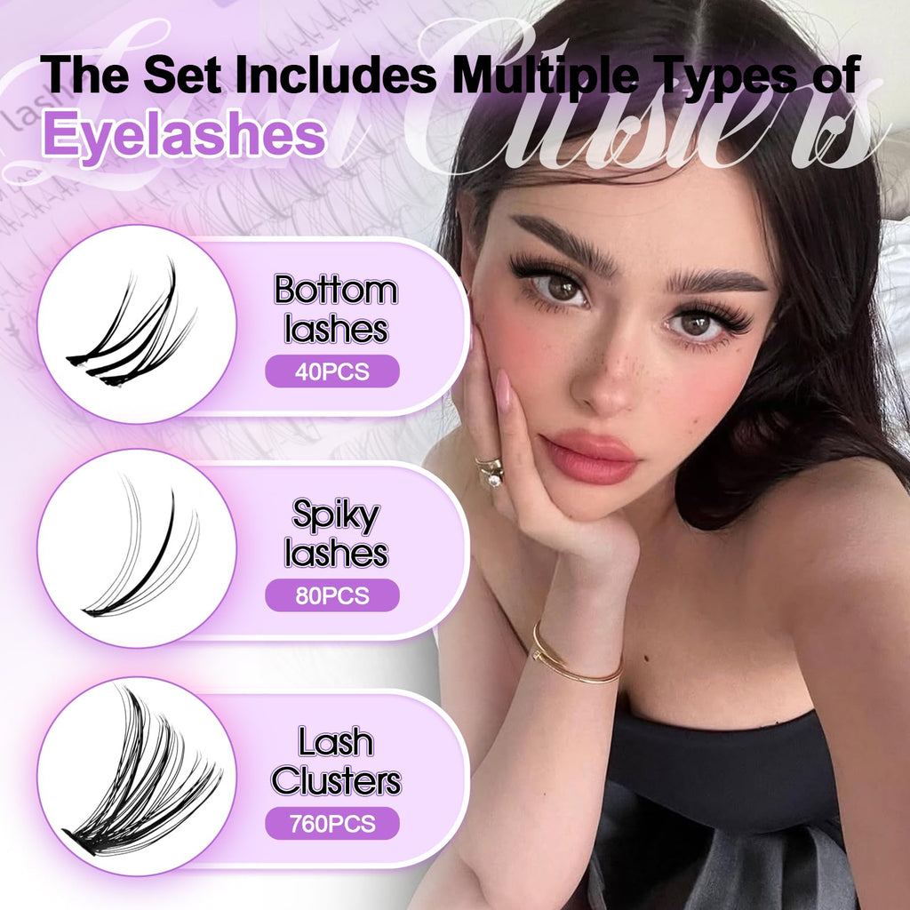Wendy Lash Clusters Kit With Bottom Lashes 40D+50D+60D+80D+100D+150D 880-Pcs Fluffy Eyelash Clusters D Curl Lashes Extension Soft Eyelash Extension Kit Wispy Natural DIY at Home