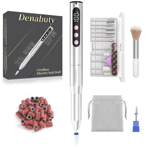 Denabuty Electric Nail Drill Cordless, 35000RPM Portable Electric Nail File with LCD Display and 12 Nail Drill Bits for Acrylic & Gel Nails, Professional Manicure & Pedicure Kit Set Silver