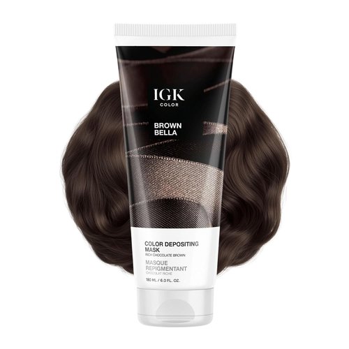 IGK Brown Bella Color Depositing Hair Mask - Chocolate Brown Semi-Permanent Conditioner + Gloss Toner | Hydrating + Shine-Enhancing | Vegan + Cruelty-Free | 6 oz