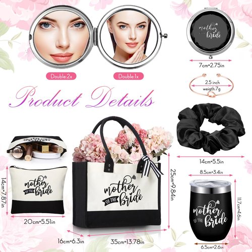Suhine 14 Pcs Mother of The Bride and Groom Gifts Set Wedding Satin Robe Canvas Tote Bag with Makeup Bag 12 oz Tumbler Cup Small Makeup Mirror Scrunchies Knot Bracelet Wedding Gift for Mom(Black)