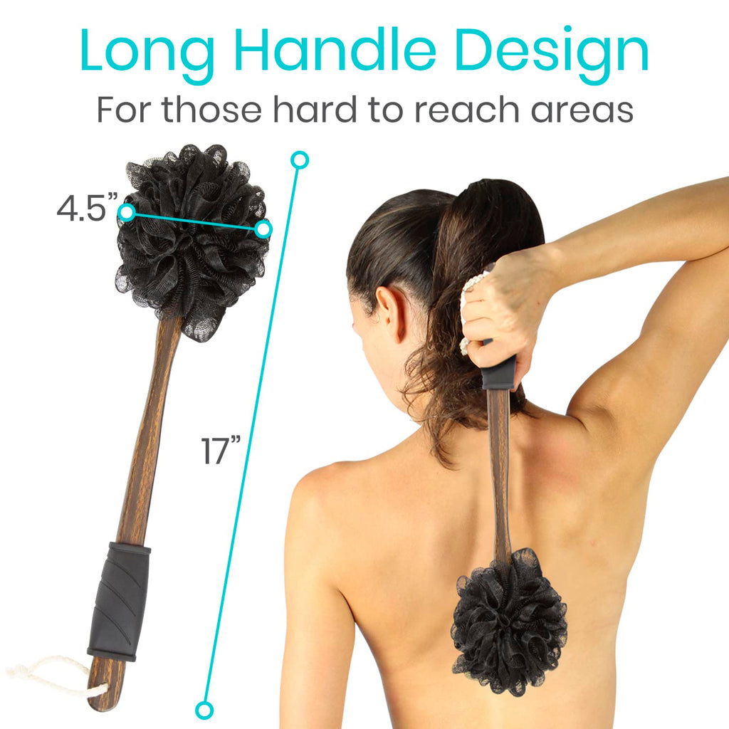 Vive 17” Shower Loofah with Long Handle - Exfoliating Back & Body Scrubber for Men & Women - Luffa Sponge on a Stick for Bathing, Cleaning - Includes Extra Handheld Lufa, Hook & String to Hang on Wall