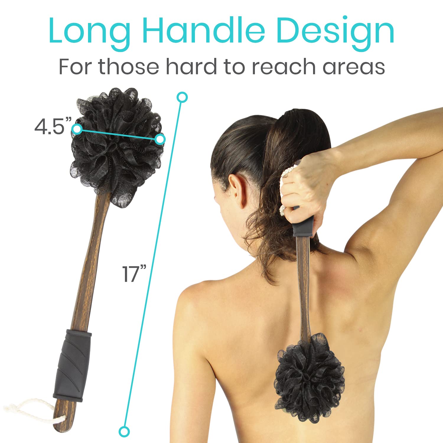Vive 17” Shower Loofah with Long Handle - Exfoliating Back & Body Scrubber for Men & Women - Luffa Sponge on a Stick for Bathing, Cleaning - Includes Extra Handheld Lufa, Hook & String to Hang on Wall