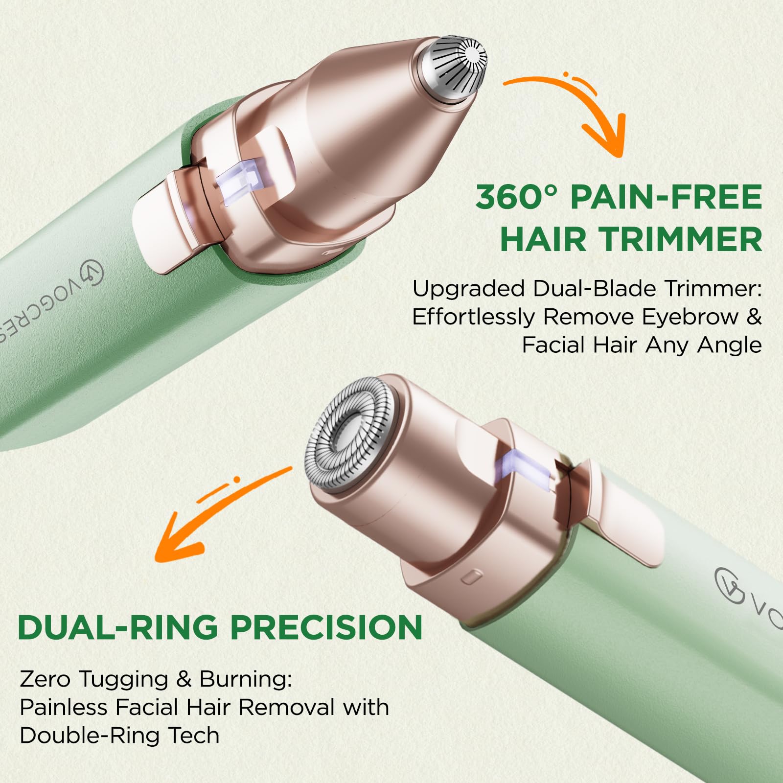 VOGCREST Hair Trimmer, 2 in 1 Facial Hair Remover & Eyebrow Trimmer for Women - Rechargeable, Portable, LED Light
