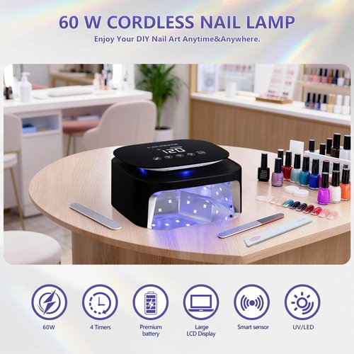 BETE 60W Cordless UV LED Nail Lamp - Rechargeable Gel Polish Dryer with Auto Sensor, 30 Beads & 4 Timer Settings Portable for Home/Salon Black