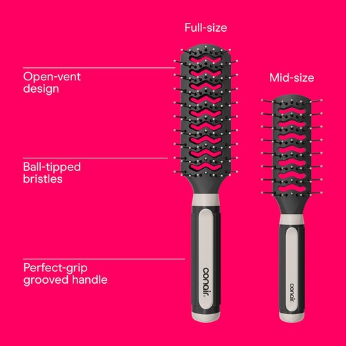 Conair Grip & Lift Vent Hairbrush Set - Full & Mid-Size Nylon Bristle Brushes for Blowout Styling