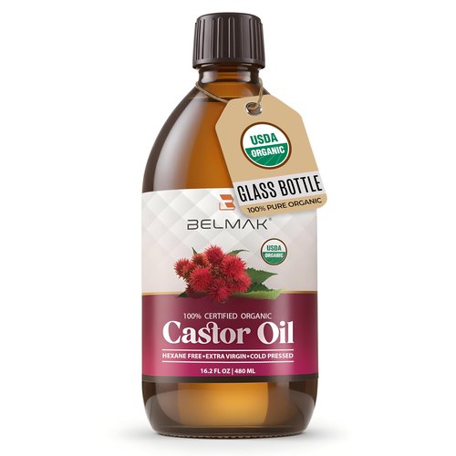 BELMAK Organic Castor Oil Cold Pressed Unrefined, USDA Certified & Hexane Free, 100% Pure Ricinus Communis Oil for Hair, Scalp, Brows and Lashes in Amber Glass Bottle (16.2 oz)