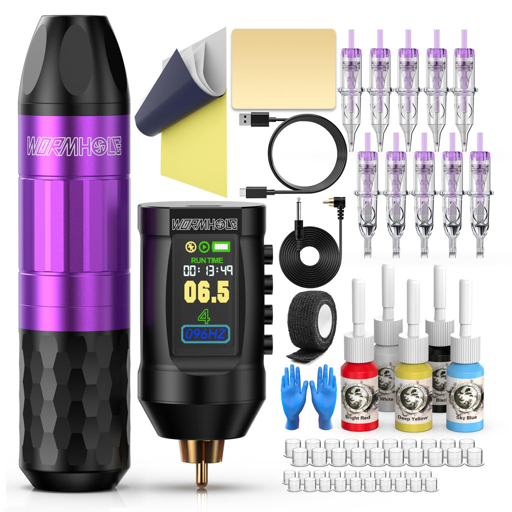 Wormhole Tattoo Gun Kit Wireless Tattoo Machine Kit Complete Tattoo Kit Tattoo Pen Kit Rechargeable Cordless Tattoo Power Supply Portable 1,800mAh with LED Digital Display for Artist WTK286