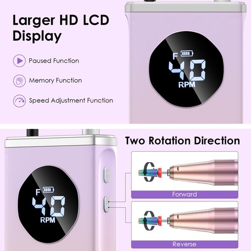HOMEASY Electric Nail Drill, 40000RPM Professional E-Filer Rechargeable with 15 Drill Bits, Portable Nail File Electric Nail Filer for Acrylic Nails Gel Polishing Removing for Salon Home (Purple)