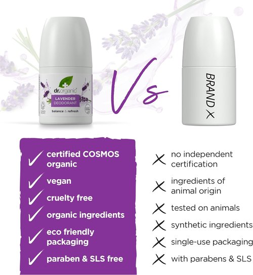 Dr Organic Lavender Deodorant - Natural Odor Protection | 3.38 oz | Soothing & Refreshing Scent