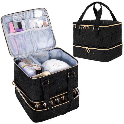 Uross Nail Polish Organizer Bag Holds 42 Bottles Nail Polish & Nail Lamp, Gel Nail Polish Organizers and Storage box for Nail Tech, Nail Kit Supplies Organizer Case - Black