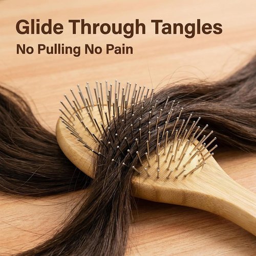 Skiennix Wooden Paddle Detangling Brush - Anti-Frizz Metal Bristle Hairbrush for All Hair Types