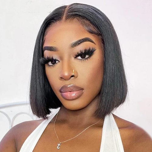 LYOLKSER 13x4 lace front wigs human hair indian remy straight bob wig human hair pre plucked natural color 10 inch