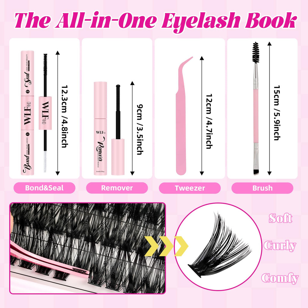 WLF Lash Clusters Kit 640 Pcs Lash Extension Kit Individual Lashes D Curl Clusters Eyelashes Extensions Kit with Lash Book Eyelash Bond and Seal Remover Tweezers Brush(Mix 9-16mm,30D+40D+50D+60D Kit)