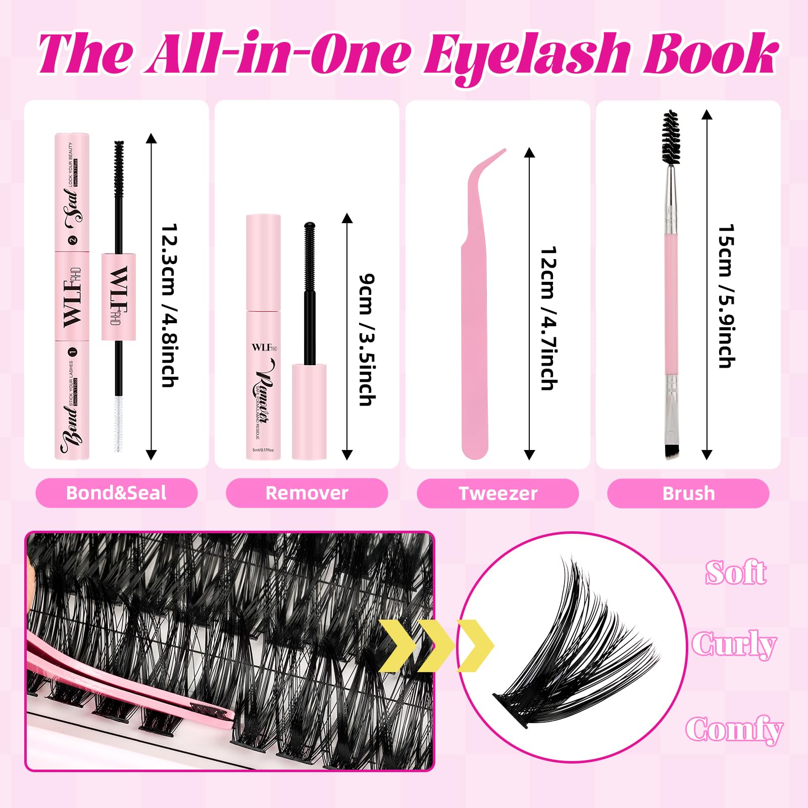 WLF Lash Clusters Kit 640 Pcs Lash Extension Kit Individual Lashes D Curl Clusters Eyelashes Extensions Kit with Lash Book Eyelash Bond and Seal Remover Tweezers Brush(Mix 9-16mm,30D+40D+50D+60D Kit)