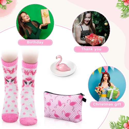 Newtay 3 Pcs Valentines Day Gifts for Women, Ring Holder Makeup Bag Fuzzy Socks with Grippers, Cute Gifts for Holiday(Flamingo)