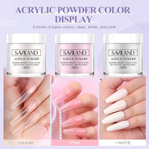 SAVILAND Acrylic Nail Kit - Professional Beginner Set with Clear, White & Pink Powder, 100 Nail Forms
