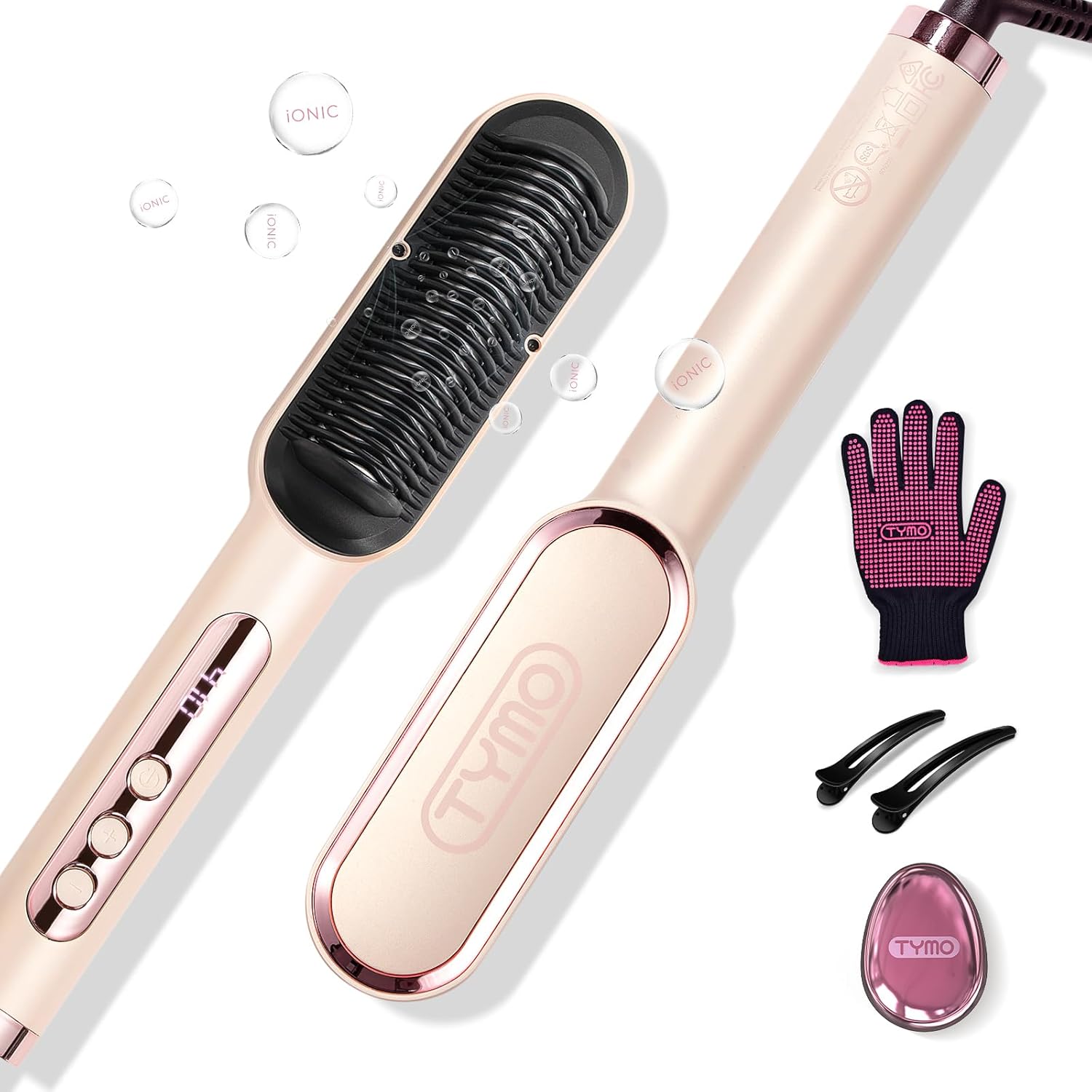 TYMO Ring Plus Ionic Hair Straightener Brush - Professional Titanium Comb with 9 Temp Settings & LED Display, Gold Blush
