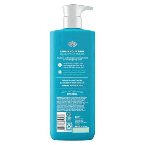 OLLY Calm Body Wash - Nourishing Cleanser with Hyaluronic Acid & Adaptogens | Eucalyptus Amber Scent, 17oz