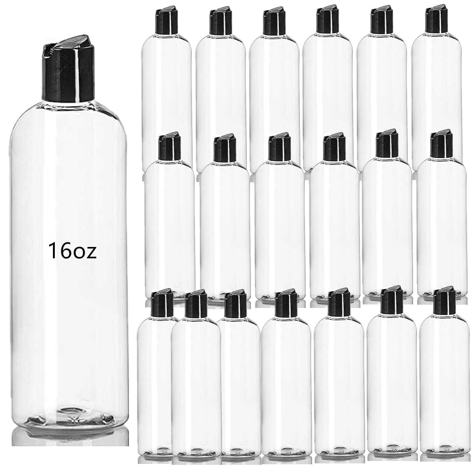 Zentriqlla 20 Pack 16oz Clear Plastic Empty Bottles, Squeezable Travel Containers with Disc Top Flip Caps, Refillable Shampoo Bottles for Lotions, Cream, Liquid Body Soap, Creams, BPA Free