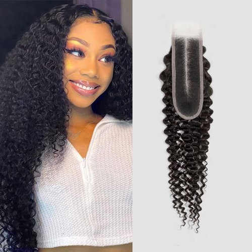 2x6 Kinky Curly Lace Closure 100% Unprocessed Human Hair 10a Remy Closure Pre-Plucked Hairline Wet And Wavy Curly Closure Deep Middle Part With Baby Hair For Women 18 Inch