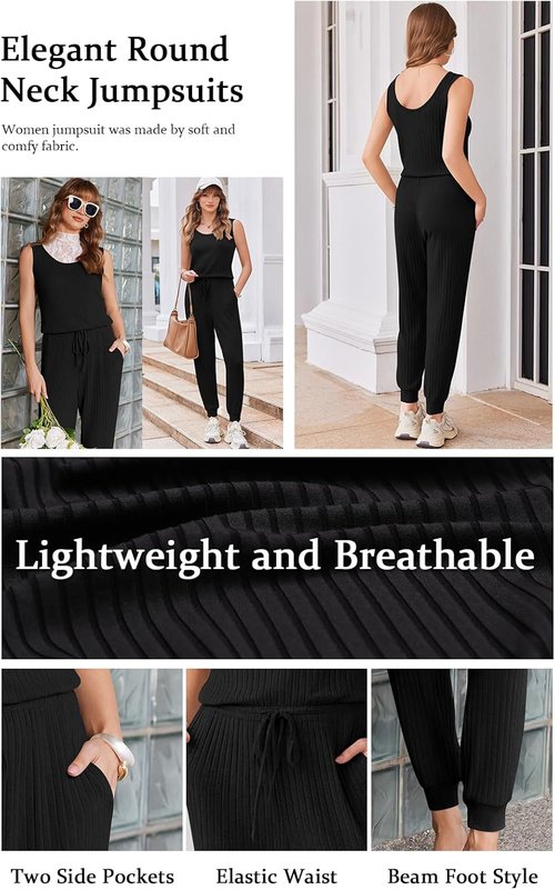Ekouaer Jumpsuit for Women - Casual Summer Sleeveless Ribbed One-Piece Romper | Perfect Vacation Outfit