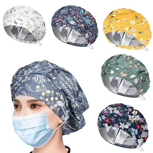 6PCS Bouffant Scrub Caps Women, Satin Lined Scrub Caps Women, Adjustable Surgical Cap for Womens, Nurse Cap with Button and Sweatband, Unisex Scrub Hats, One Size Multi Color