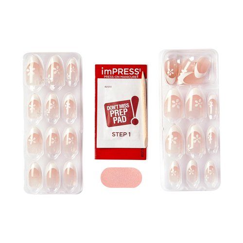 KISS imPRESS No Glue Mani Press On Nails, French, 'Fearless', Light Neutral + White Tip French, Medium, Almond Shape, Includes 30 Nails, Prep Pad, Instructions Sheet, 1 Manicure Stick, 1 Mini File