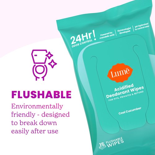 Lume Acidified Body Wash & Flushable Deodorant Wipes - 24 Hour Odor Control - Hydrating Wash - Without SLS or Parabens - OB/GYN Developed - 8.5 Ounce (Unscented) 15 Count Wipes (Cool Cucumber)