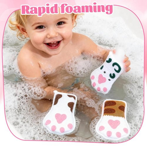 JieLiLeHome Baby and Kids Bath loofah Sponge, Easy Grip Cute Cat Paw Design Kids Body Exfoliating Body Scrubber Loofah Sponge,Bath Sponge Set Designed for Toddler, Women, Boys, and Girls (3 Pack)