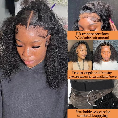 Espive 8Inch Deep Wave Bob Wig Human Hair 13x4 Frontal Lace Wig 220% Density Short Bob Wigs Human Hair for Black Women Natural Hairline Glueless Curly Bob Wig With Baby Hair Natural Black
