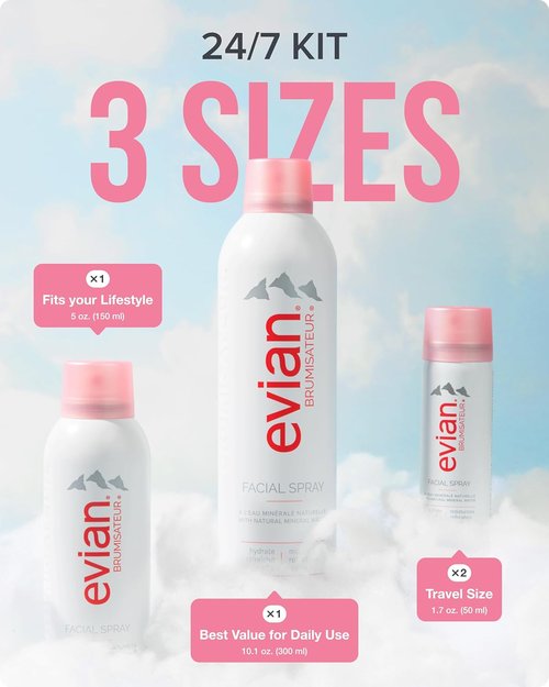 Evian Facial Spray 24/7 Kit - Hydrating Mineral Water Mist for Face & Skin - Refreshes Makeup & Sets - Travel-Friendly Sizes for Daily Hydration