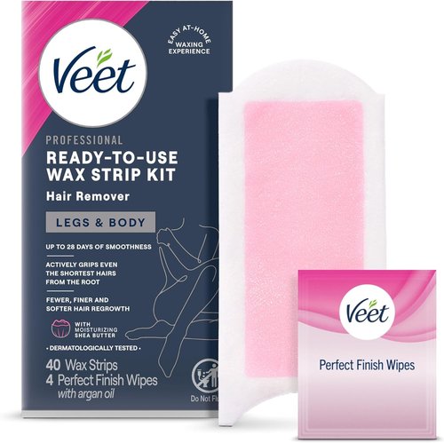 VEET Sugar Wax Strips For Women's Body Hair Removal, Bikini Hair Removal Kit, Pubic, Dermatologically Tested For Body & Intimate Areas, 40ct Wax Strips with Shea Butter & 4ct Wipes (Pack of 3)