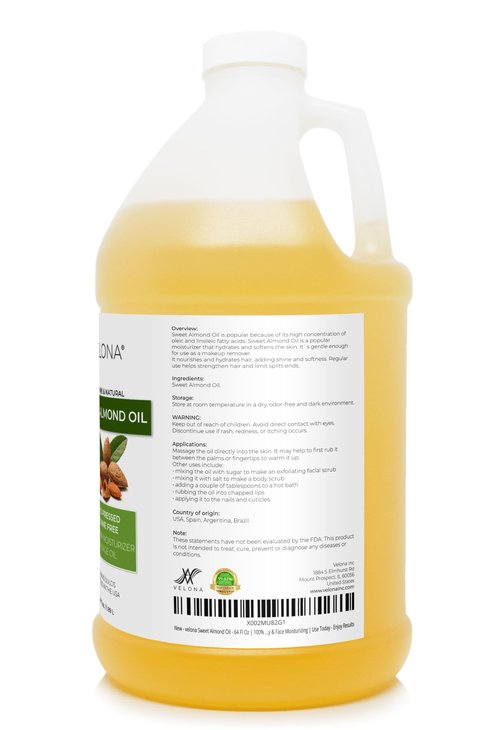 velona Sweet Almond Oil - 64 Fl Oz | 100% Pure and Natural Carrier Oil |Cold Pressed | Skin, Hair, Body & Face Moisturizing | Use Today - Enjoy Results…