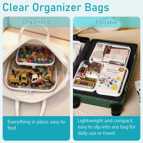 Bifrgmy 4PCS Clear Hard Shell Double-Zipper Pouches, Transparent Plastic Organizer Bags for Travel Cosmetics, Toiletries, Toy Storage & More (White)