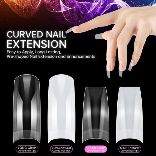 INENK Clear Coffin C Curved Nail Tips, Short Coffin Half Cover Fake Nail Tips for Acrylic Nails Professional Dip Powder Nail Salons and DIY Nail Art 80 90s(500PCS 10SIZES)