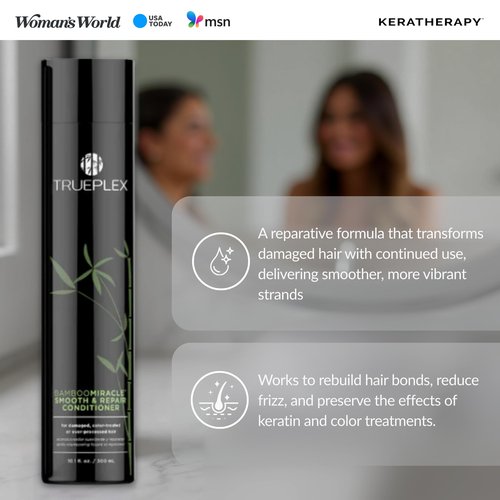 Trueplex KERATHERAPY Bamboo Miracle Smooth & Repair Conditioner, 10.1 oz., 300 ml - Vegan Formula Damaged, Frizzy, & Dry Hair - Hydrating & Smoothing with Grape Seed, Baobab, & Bamboo Extract