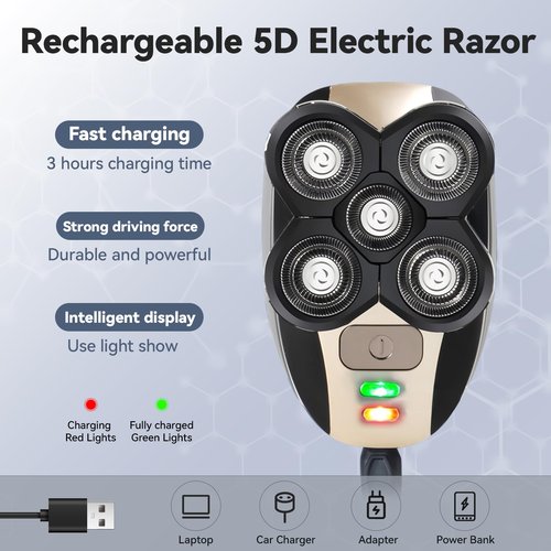Hugdew 5 in 1 Head Shavers for Bald Men, Skull Head Shaver with Rechargeable Battery, Electric Razor, Hair Clippers, Nose Hair Trimmer, Cleaning Brush, Hair Manager, Idea Gift for Men(Brown)