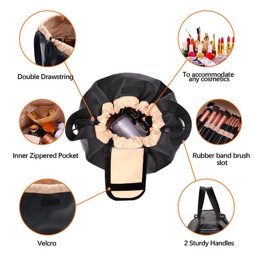 FANGENKE Women's Day-Drawstring Makeup Organizer Bag,Large Lay Makeup Bag,Portable Waterproof Leather Travel Bags - Durable, Machine Washable Toiletry Bag (Black Large)