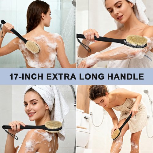 Bubbob Back Scrubber, Back Scrubber for Shower, Bath Brush Long Handle for Shower with Double Sided Bristles for Wet or Dry Brushing (Black)