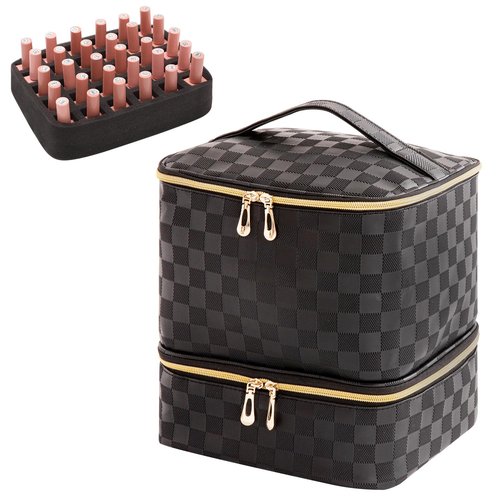 AFUOWER Nail Polish Organizer Bag with Handles - Holds 30 Bottles (15ml - 0.5 fl.oz)，Travel Case Portable Storage Bag for Manicure Set (Checkered Black)
